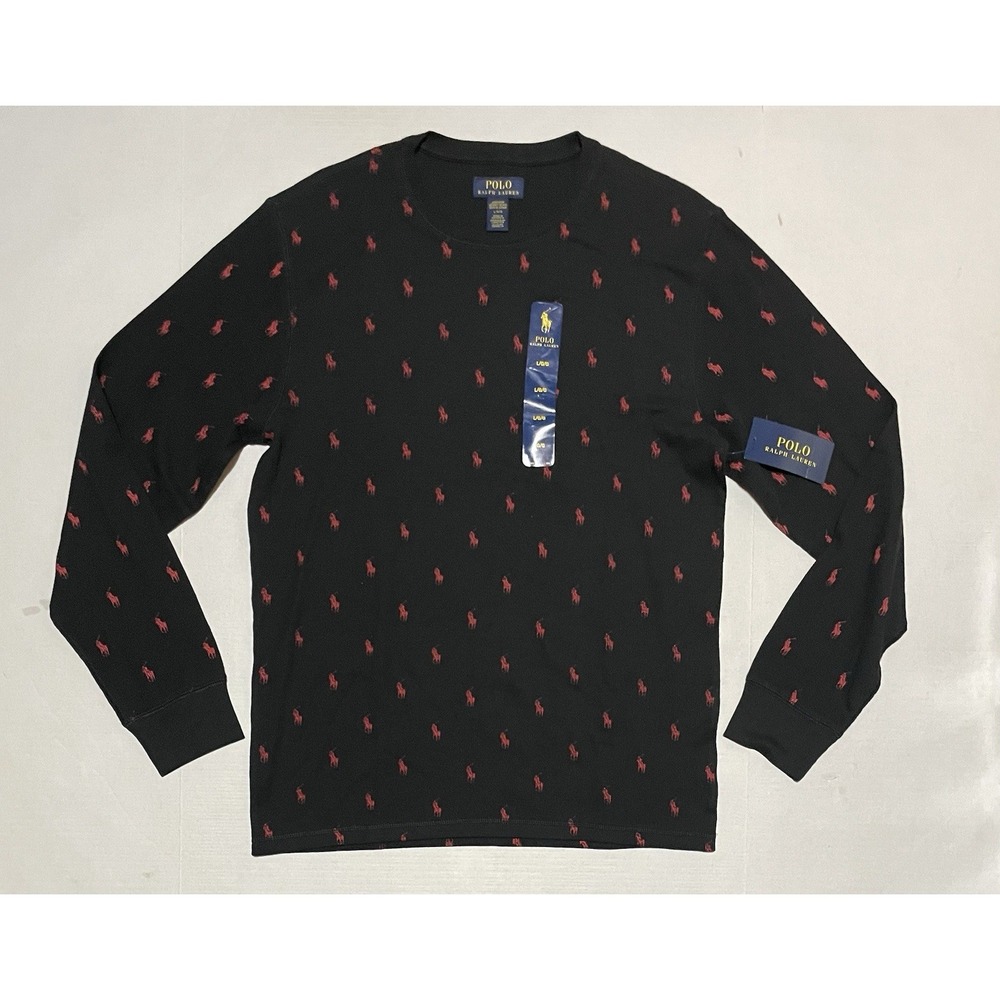 Polo Ralph Lauren Mens Black All Over Pony Waffle Knit Thermal Sleep‎ Tee Large